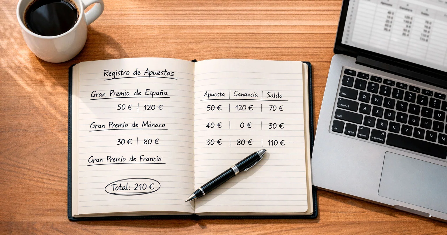 Cuaderno de registro de apuestas de Fórmula 1 con anotaciones de cuotas y resultados por Gran Premio