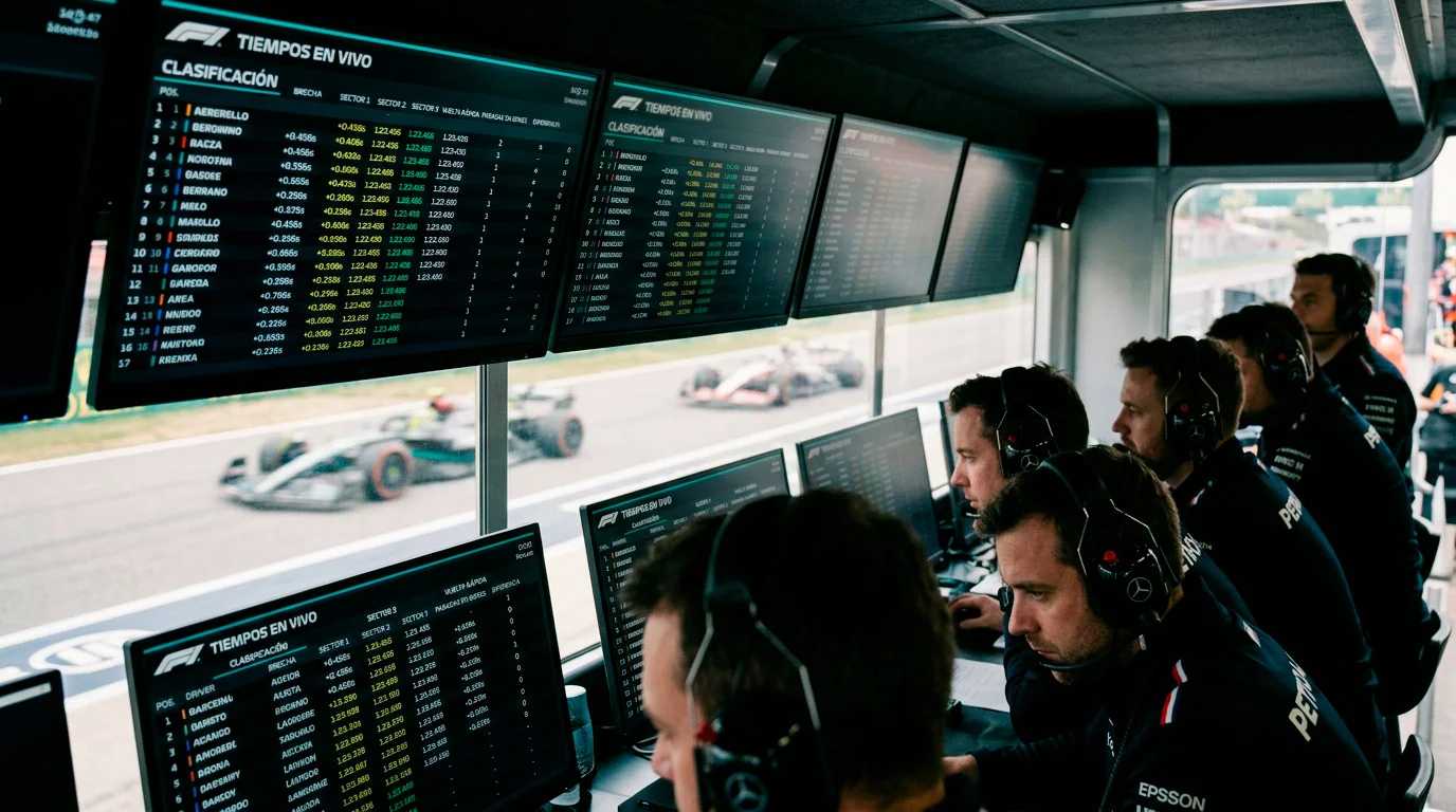 Pantallas de timing en el pit wall de Fórmula 1 durante un Gran Premio