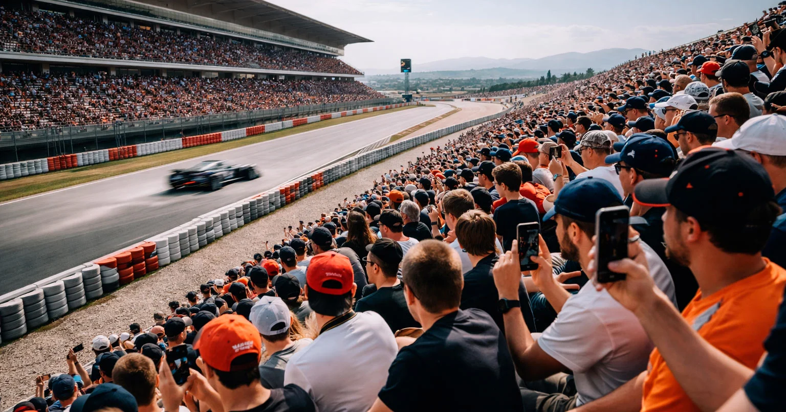 Aficionados de Fórmula 1 en la grada de un circuito siguiendo la carrera con dispositivos móviles
