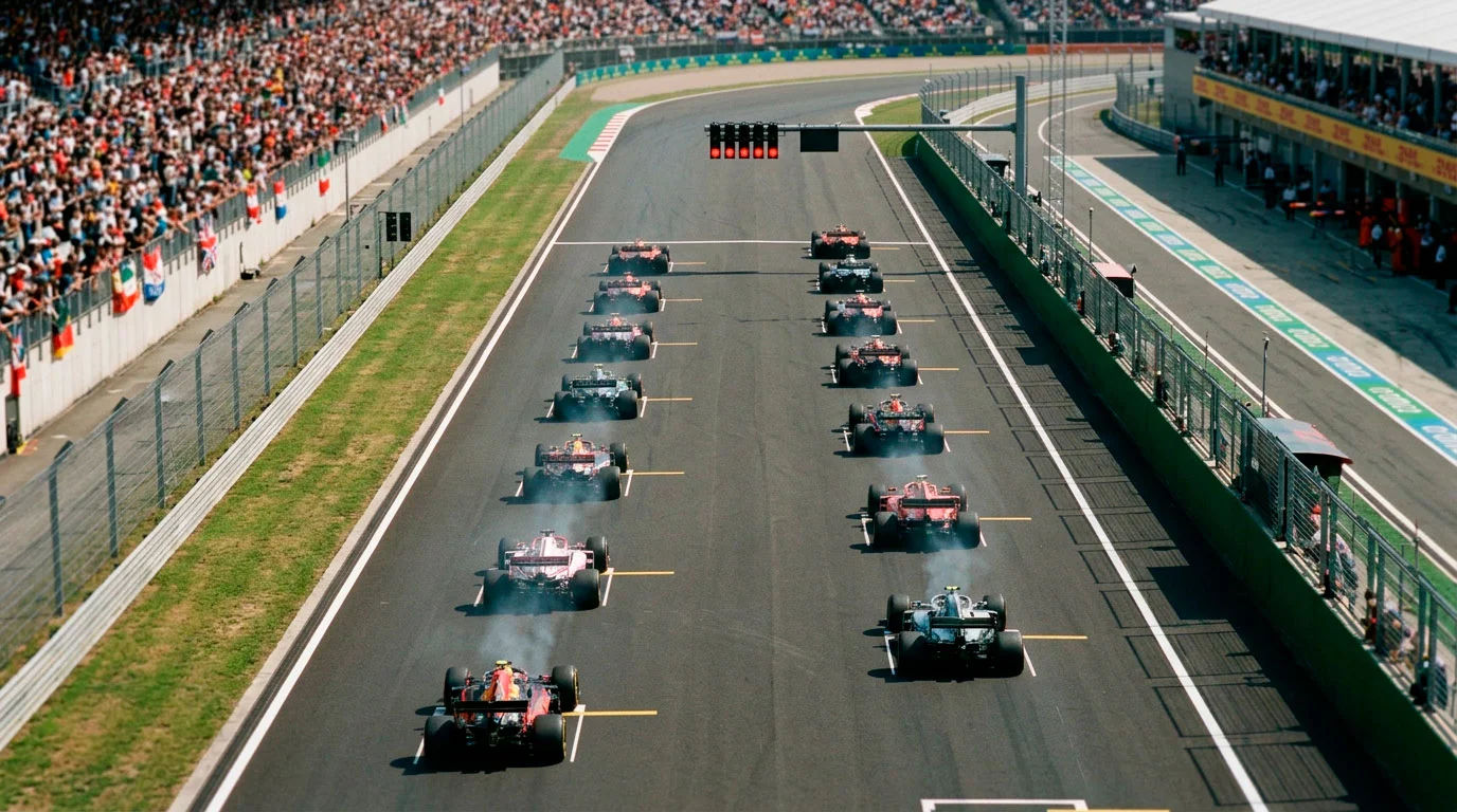 Parrilla de salida de Fórmula 1 con monoplazas alineados antes de la carrera